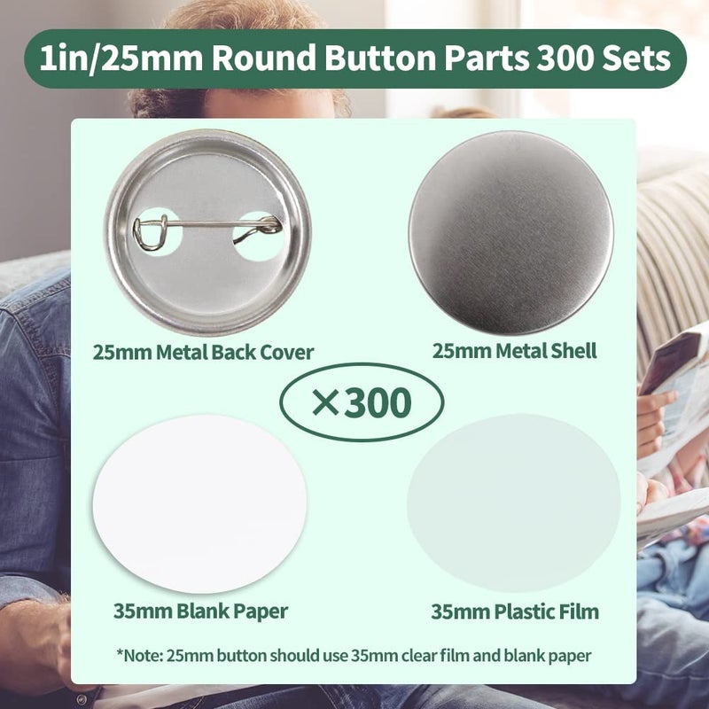 Mostme 300 Sets 1 inch Button Maker Supplies  25mm Button Supplies Button Parts Button Badge Part  Button Making Supplies  Includes Metal Button Pin Back Cover  Metal Shells  Blank Paper&Clear Film - Image 2